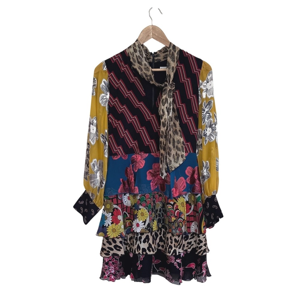 Alice + Olivia Dasha 100% Silk Patchwork Tiered Ruffle Mini Dress Size 4 Floral - Picture 4 of 15